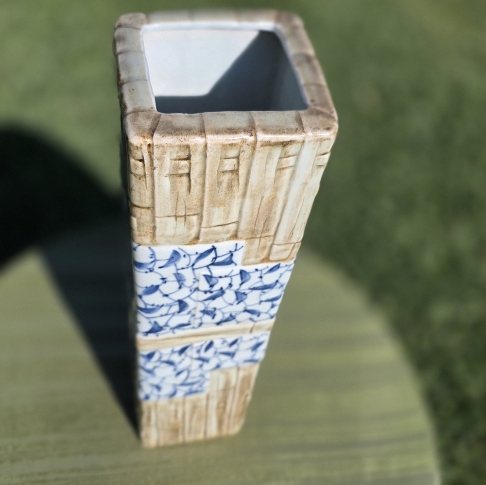 Asian-Inspired Blue & White Ceramic Vase | Textured Bamboo Design | 16” Tall